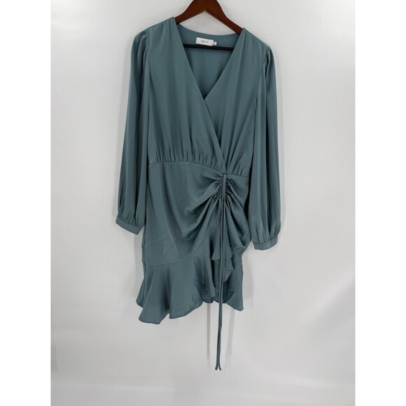 Greylin Joanne Ruched Detail Satin Dress in Misty Blue Size Large - Picture 2 of 11